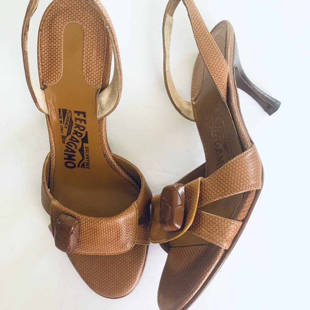 Salvatore Ferragamo Womens Size 6.5M Heels Brown Slingback Carmel Button Shoes